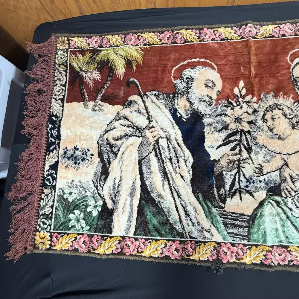 Vintage Holy Family Religious Woven Tapestry Wall Hanging